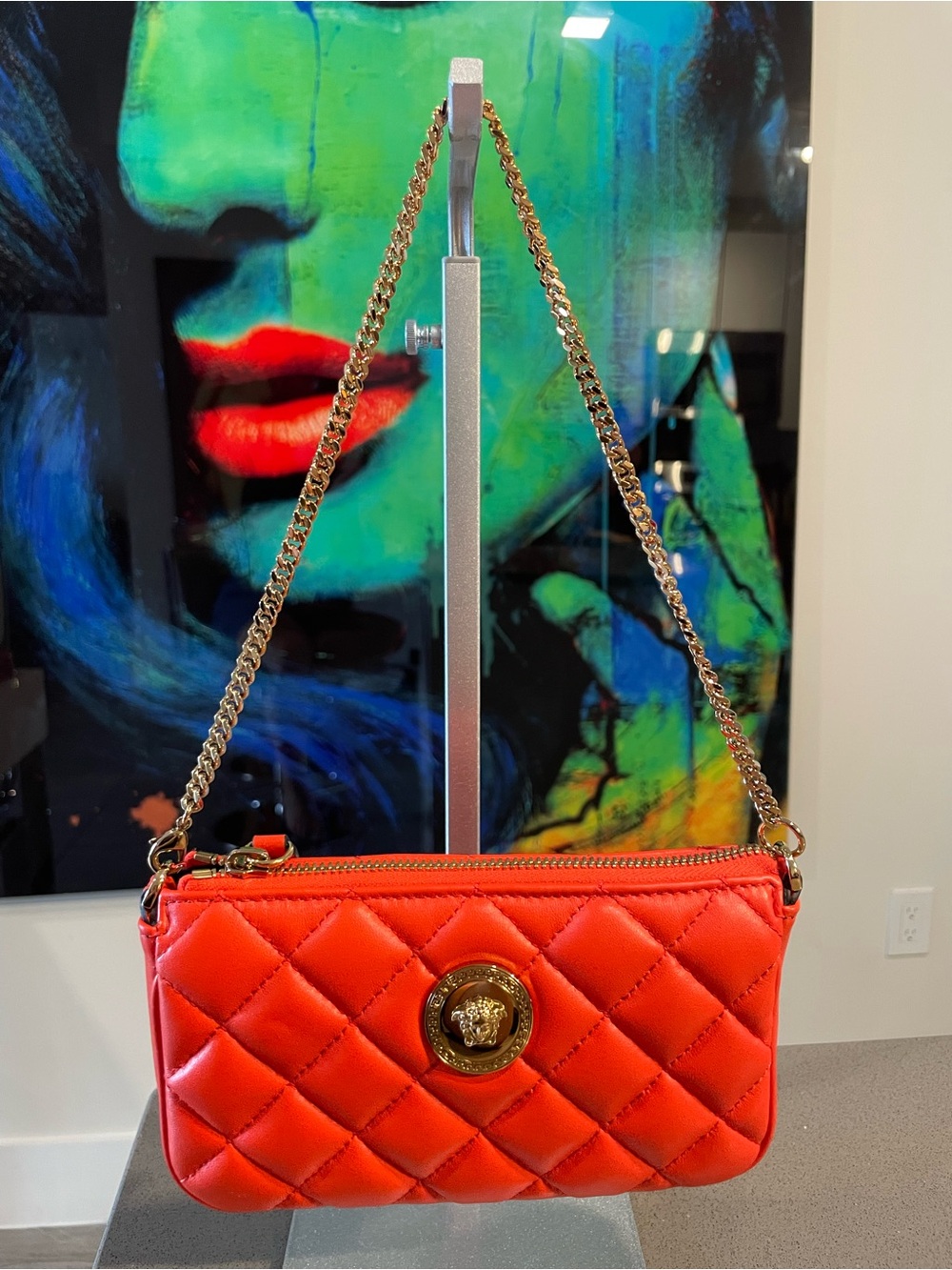 Versace mini  Quilted Orange-Red Chain Crossbody Bagt $975
